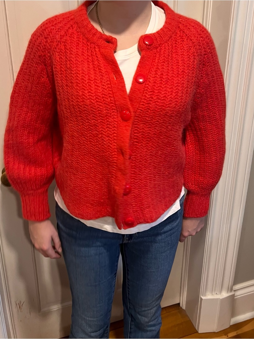 Sezane Women's Bright Red Chunky wool Button-Up Cardigan Sweater